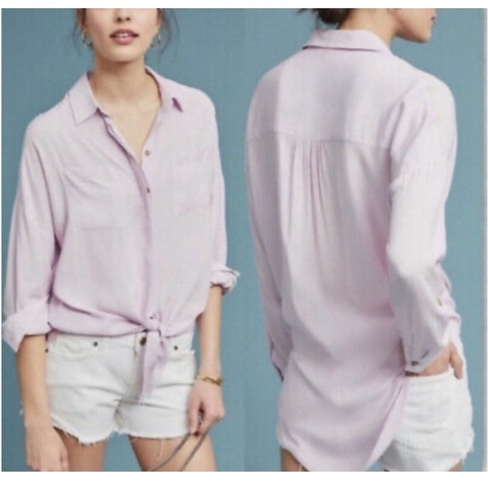 Anthropologie Maeve Tie Front Button Up Collared Lilac Tunic Blouse S